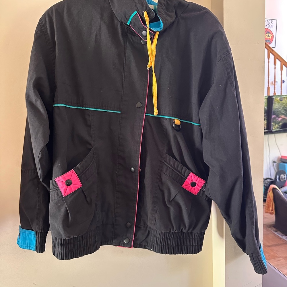 Vintage Black Jacket with Pink and Blue Accents